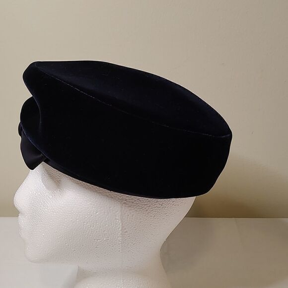Vintage Navy Blue Velvet Hat Silk Bow - Picture 2 of 5